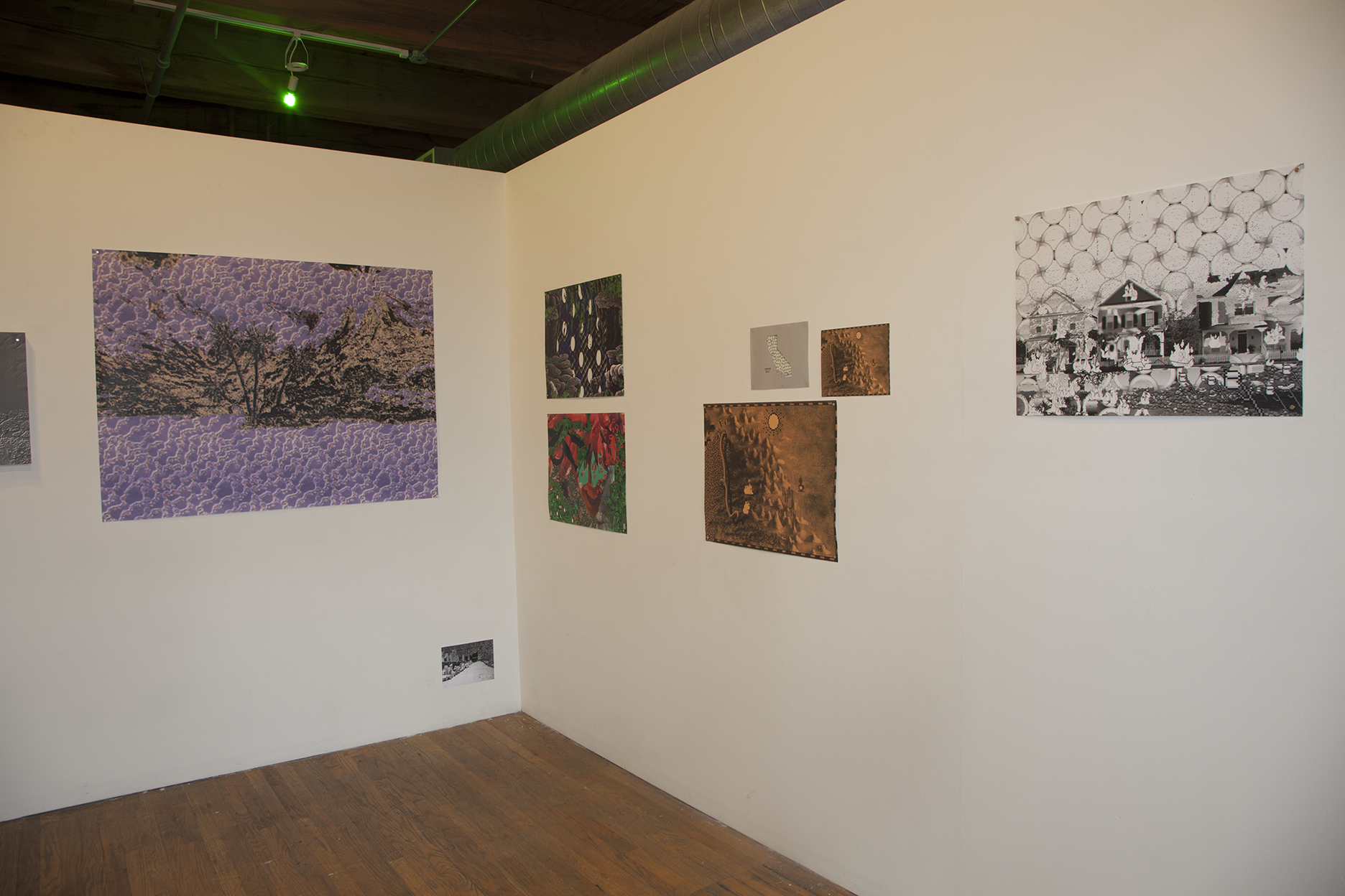 Installation view of eight large scale prints hung on white walls